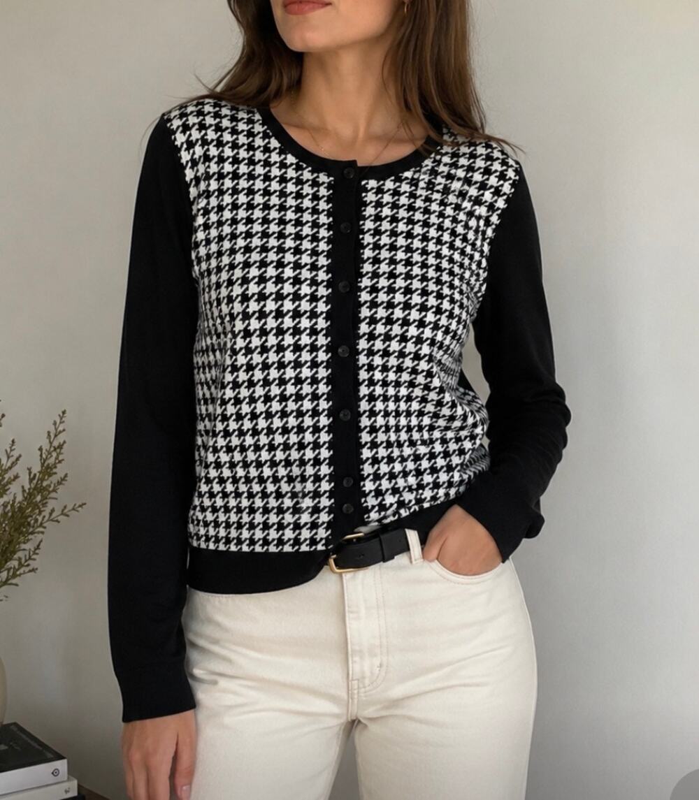 August Silk houndstooth button front cardigan sweater academia preppy soft L